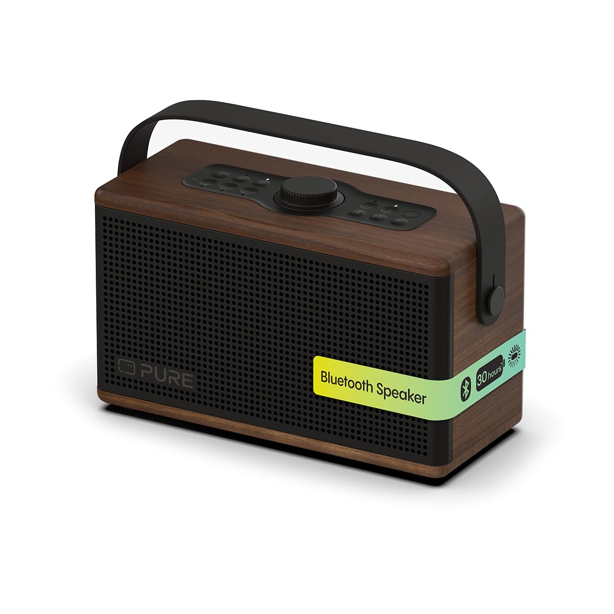 Pure Classic Aura Enceinte Bluetooth Portable 40W avec Batterie 10000mAh, Fonction Powerbank, lumière d’Ambiance, 30h autonomie, USB-C, entrée AUX, étanche IPX2 – Marron Café/Noyer