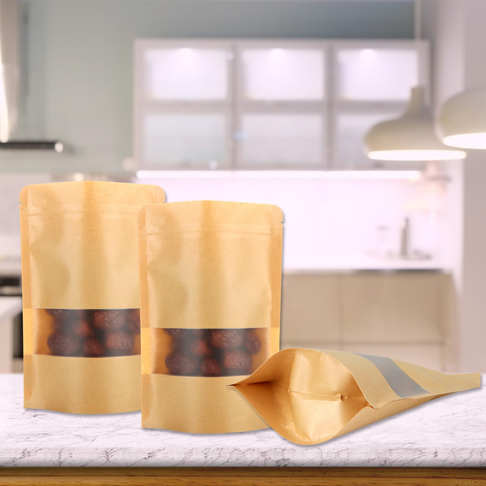 Lot de 200 sacs en papier kraft avec fenêtre - 14 x 20 x 4 cm - Sacs refermables - Étanche - Fermeture éclair - Convient pour fruits secs, graines de thé, noix, grains de café - Marron