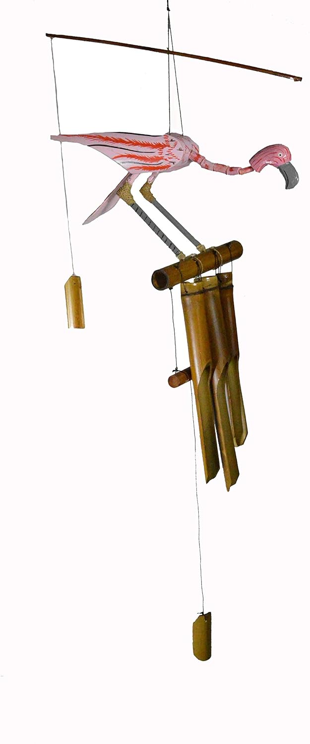 WorldBazzar New Hand Carved Bamboo Wood Pink Flamingo Windchime Tropical Art