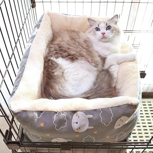 ペット マット ケージ用 猫 ベッド 落ちない 紐付き 紐で固定できる ふかふか 綿 リバーシブル 柔らか 洗える 犬 クッション 布団 ずり落ち防止 通年 (グレーバニー,XS)