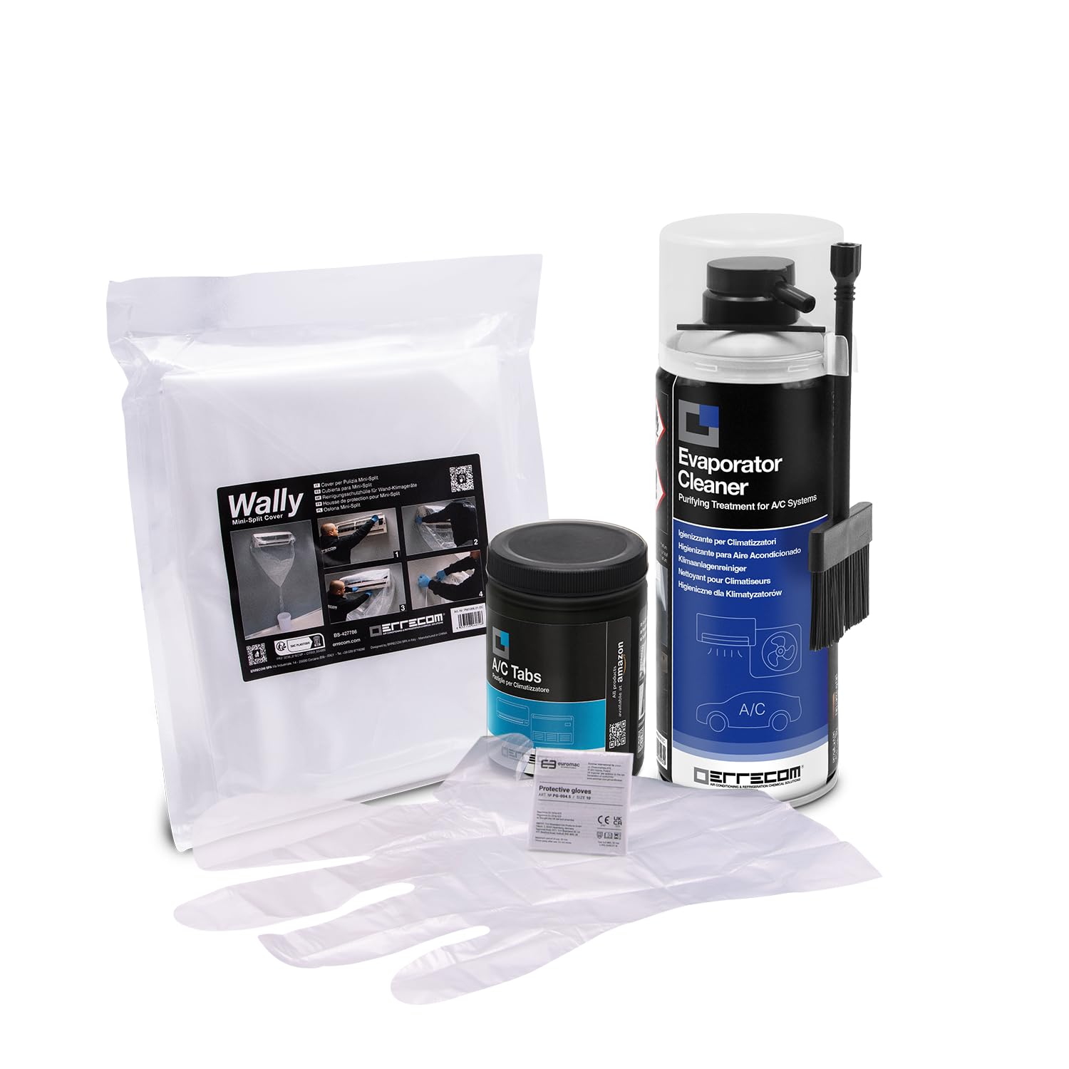 ERRECOM Cleaning Kit for Air Conditioners, includes Evaporator Cleaner PRO A/C Cleaner with Hard Bristle Dispenser Brush, Wally Cleaning Cover, 40 A/C Tabs, long-lasting effect, Disposable Gloves