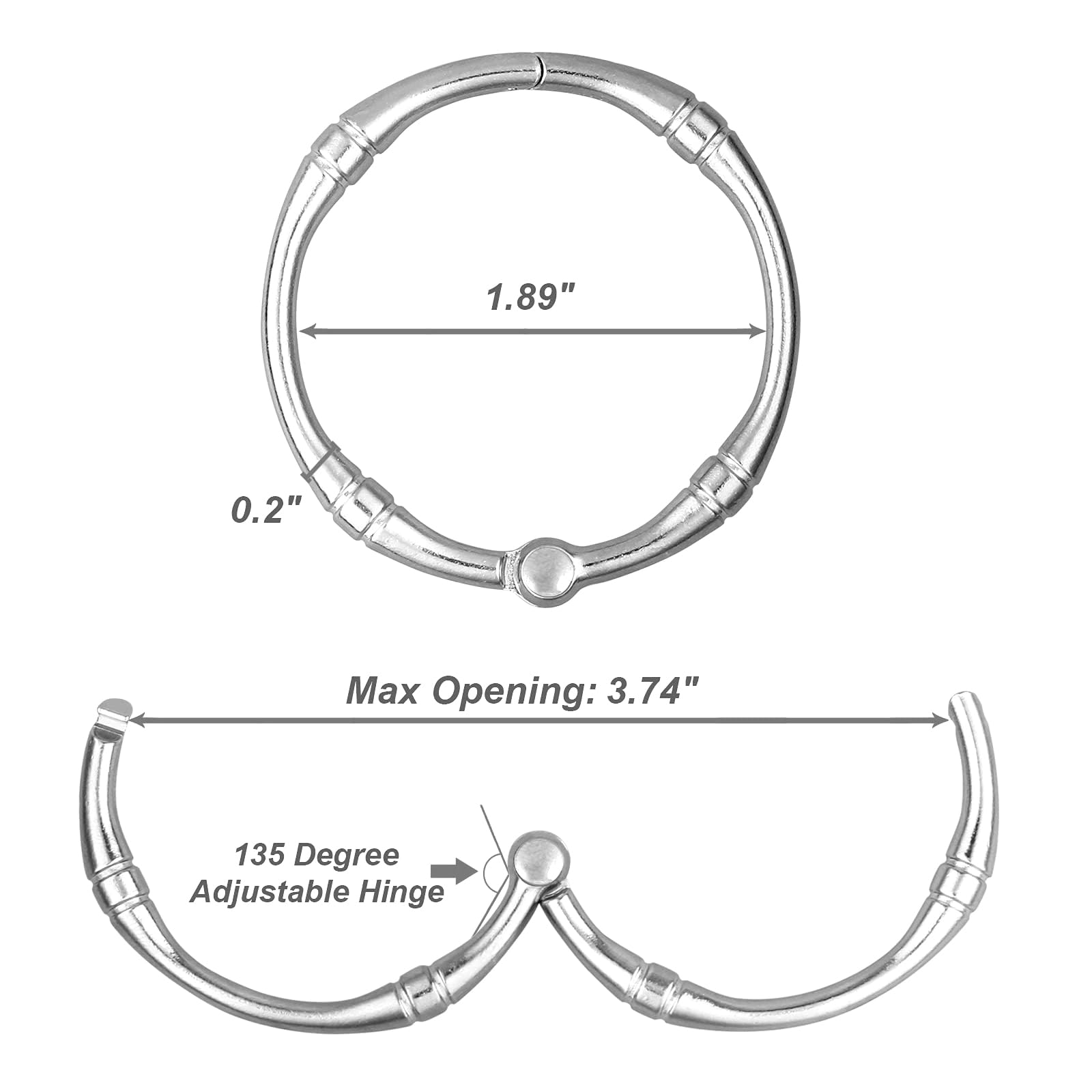 Lot de 12 crochets de rideau de douche ronds en métal antirouille pour tringle de douche de salle de bain (argent)