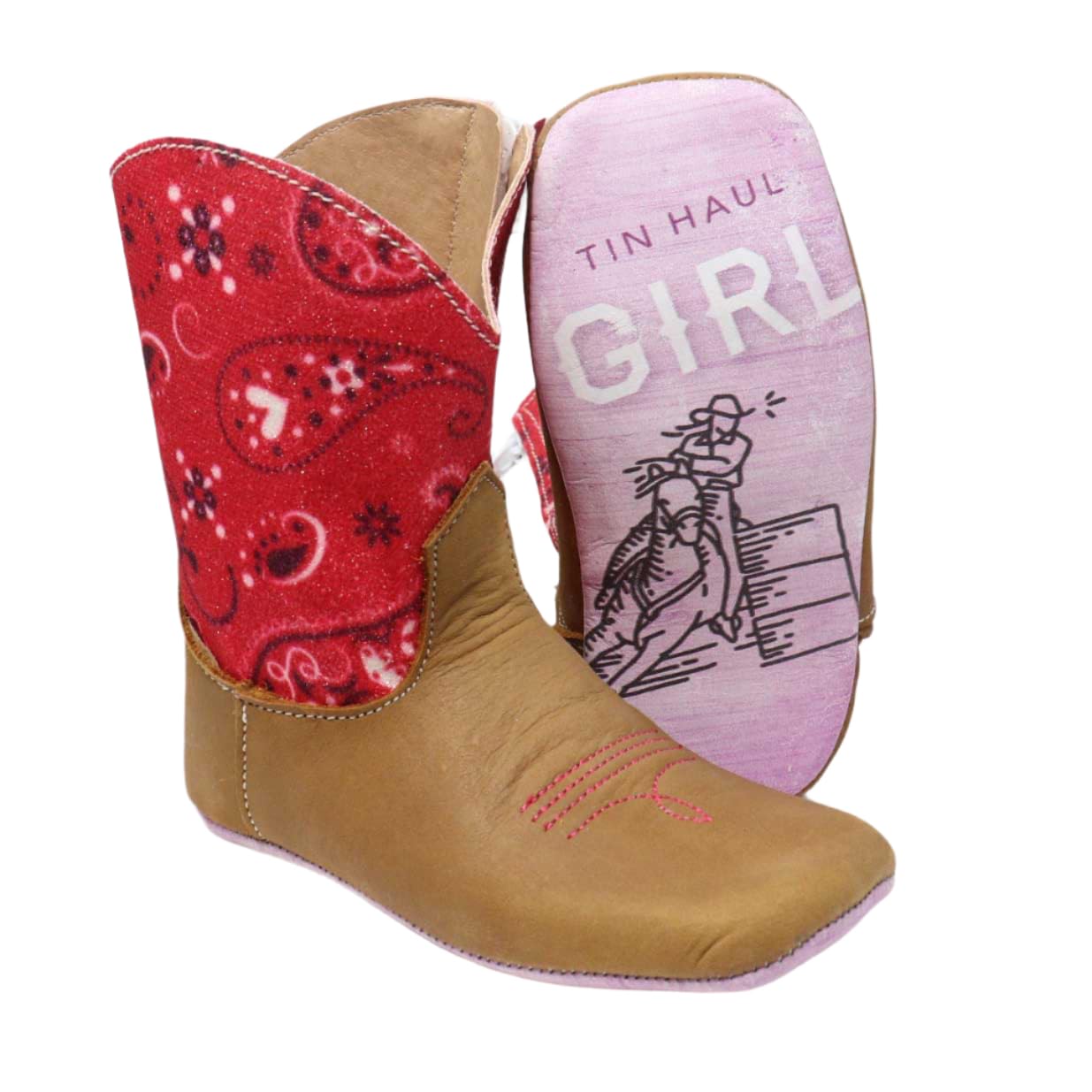 Tin Haul Girl's Sparkles Western Boots, Brown Leather with Red Bandana Print, Side Zip (Brown, US Footwear Size System, Infant, Women, Numeric, Medium, 2)