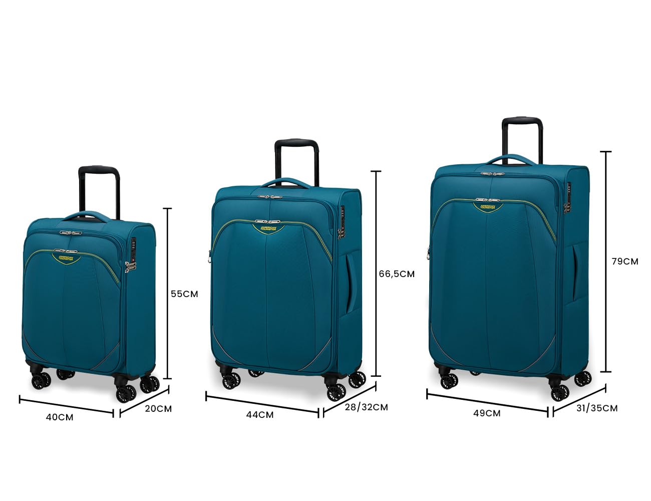 American Tourister Poproll - Set di 3 valigie morbide (Bagaglio a mano, Media, Grande), Leggero - Verde (Teal)