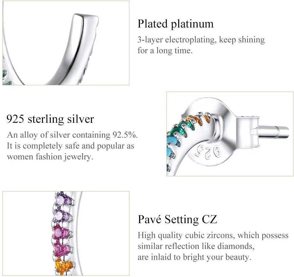 Qings 925 Sterling Silver Rainbow C Stud Earrings Colorful Cubic Zirconia | S925 CZ Stones Plated Platinum Hypoallergenic Rainbow Colored Huggie Hoop Earrings For Daily Wear Women