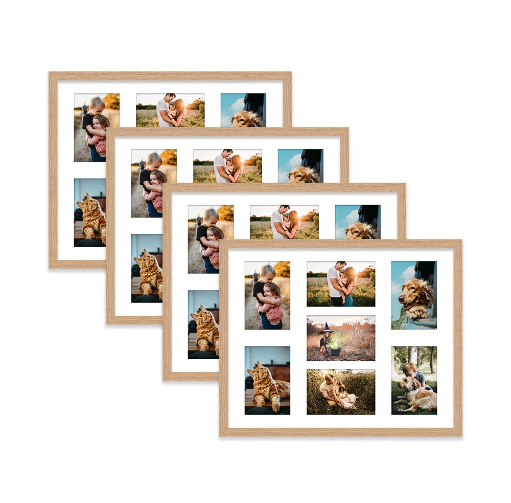 Oak Multi Photo Frame - Holds 7 x 6x4 Pictures, Family Collage Picture Frame for Wall Display, 20x16 Frame size, Set of 4