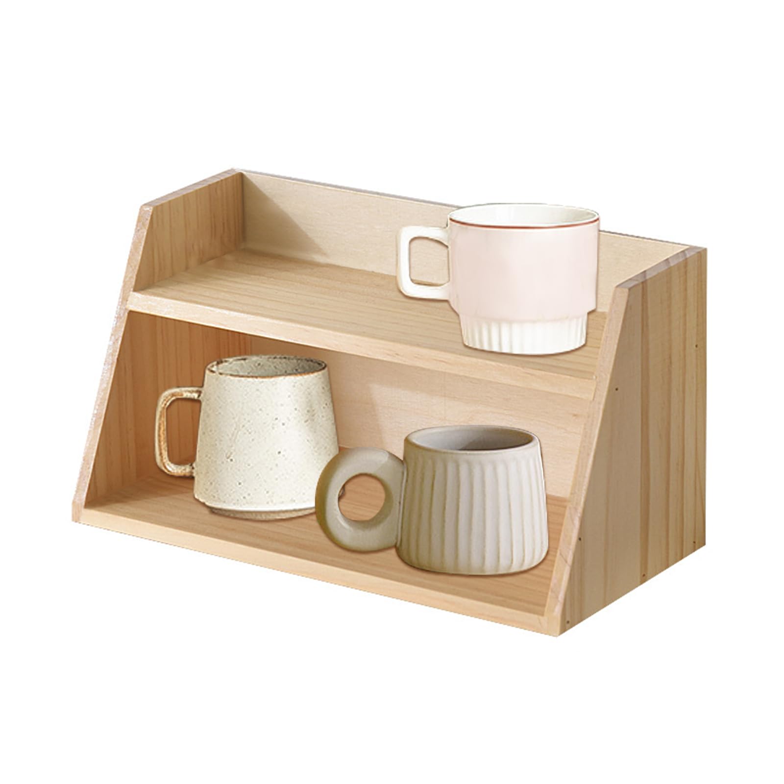 Uck-Kit Natural 2-Tier Wooden Mug Holder Countertop, Kitchen Counter Shelf For Tea Coffee Bar Accessories, Cup Display, Condiment Storage Rack,