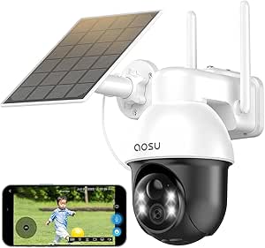 aosu Security Camera, Outdoor, Solar, Wi-Fi Type, 360° Wide Angle Shooting, 2K, 3 Million High Pixels, IP66 Waterproof, Dustproof, Human Body Detection Alarm, Auto Tracking, Full Wireless, Night Color asin的图片