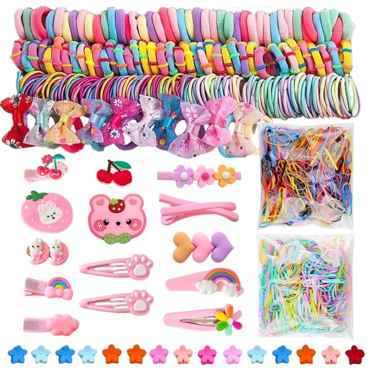 LUFFLOK 1189 Piezas Accesorios Pelo Niña, Gomas de Pelo y Coleteros Coloridos, Horquillas y Pinzas Pelo Niña, Gomas de Pelo Sin Daño, Accesorios Pelo Nina y Bebé para Cabello Fino (Rosa)