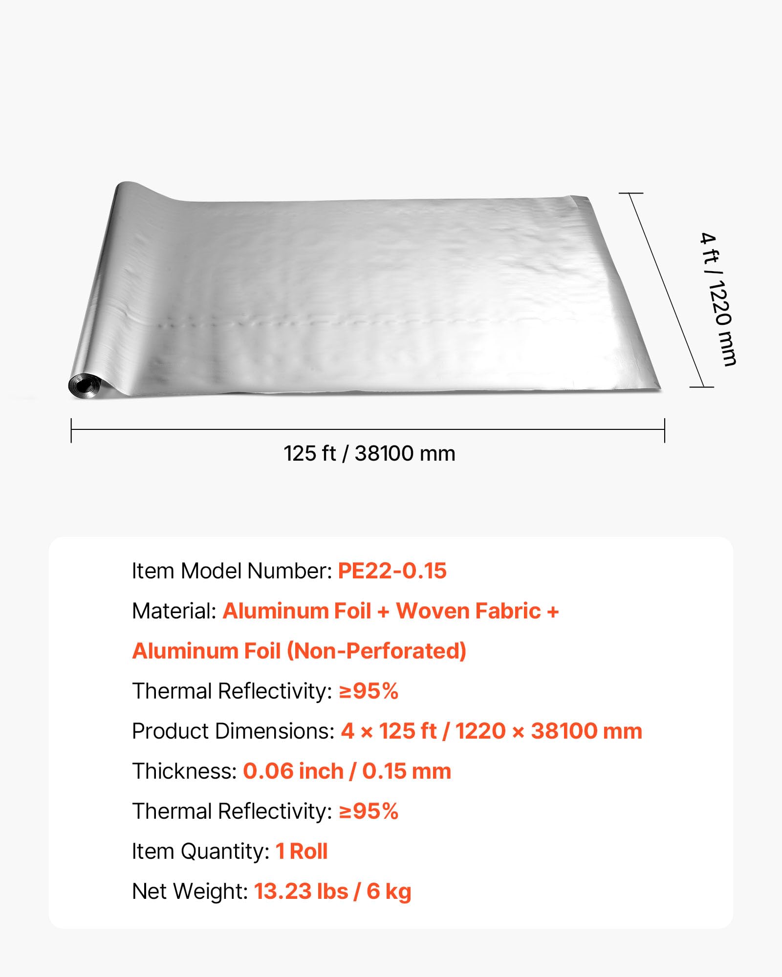 VEVOR Rollo de Aislamiento Reflectante Doble, Barrera Radiante de Tela Tejida sin Perforar, 38,1 x 1,22 m x 0,15 mm, Lámina de Aluminio de Doble Cara, Reflectividad ≥ 95%, para Techos y Ventanas