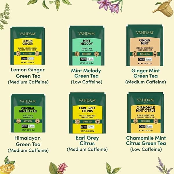 VAHDAM, Cofanetto Tè Verde Festa della Mamma (6 Gusti, 36 Bustine Piramidali) | Miscele Tè Verde | Idee Regalo per Lei - 4