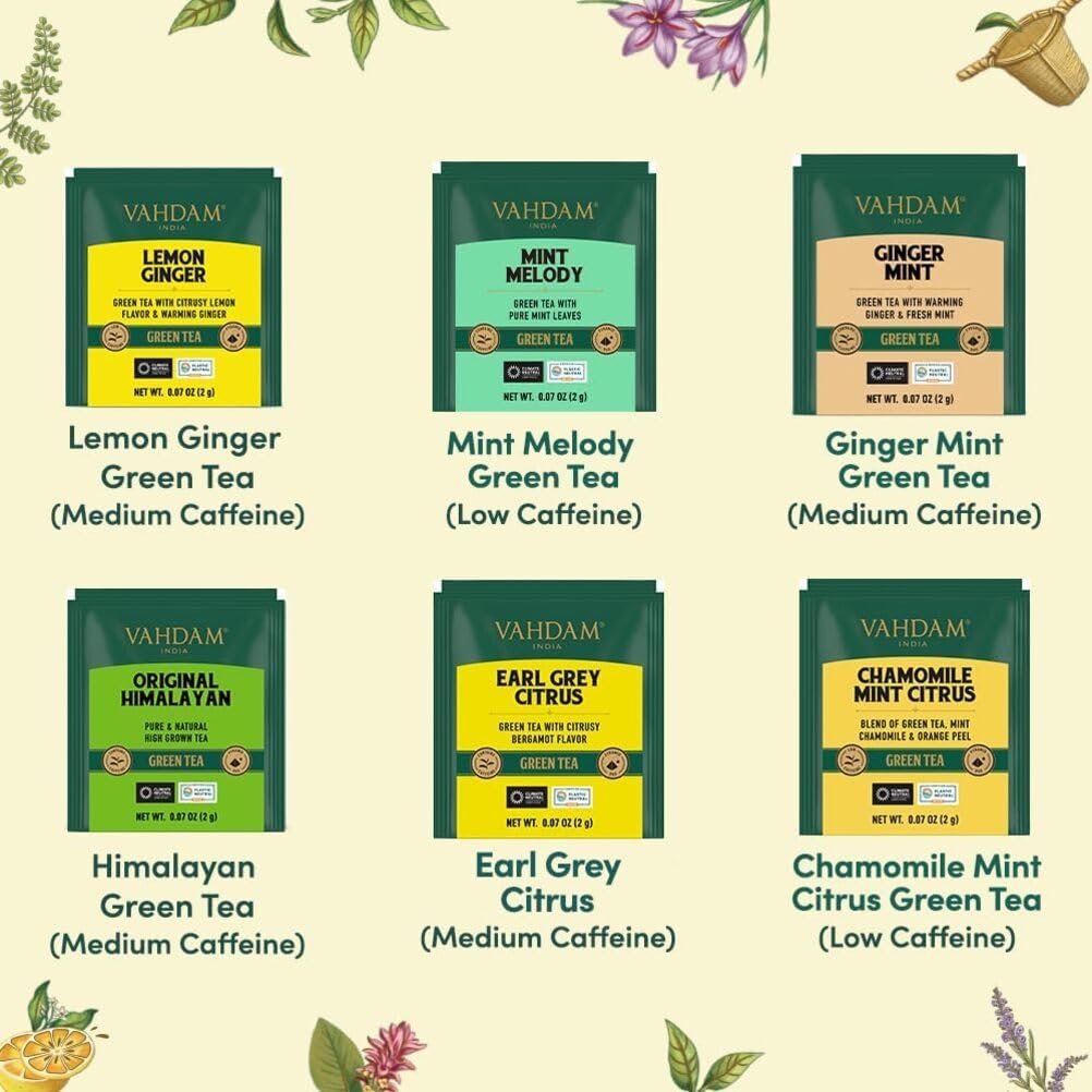 VAHDAM Caja de Regalo de Té Verde Surtida 6 Sabores 36 Bolsas Piramidales