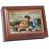 Cottage Garden Free Puppies Girl with Wood Wagon Woodgrain Rope Trim Jewelry Music Box Plays You are My Sunshine