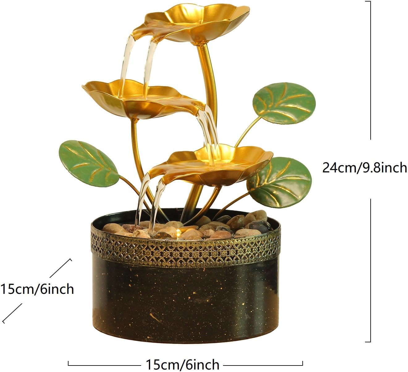 TiCin Tabletop Water Fountain with Gold Lotus Flowers, 9.8 x 6 x 6 inches, USB Powered, Indoor Relaxation Decor with Rocks