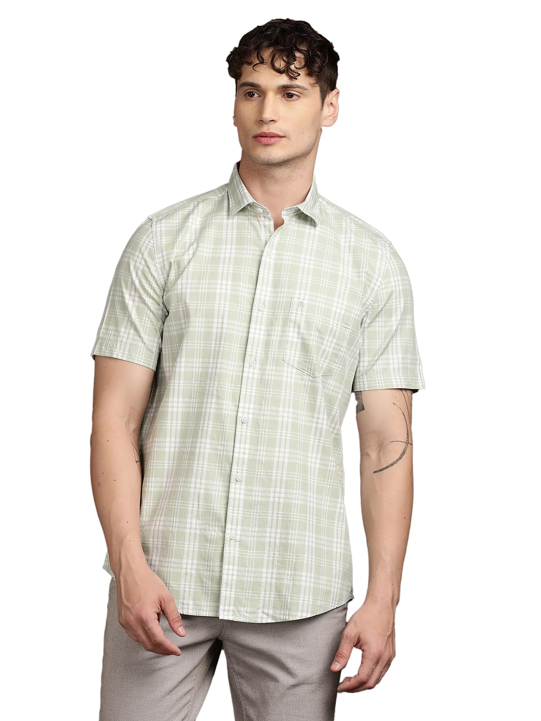 turtle Men Slim Fit Checkered Pure Cotton Half Sleeve Light Green Casual Shirt-picture-34