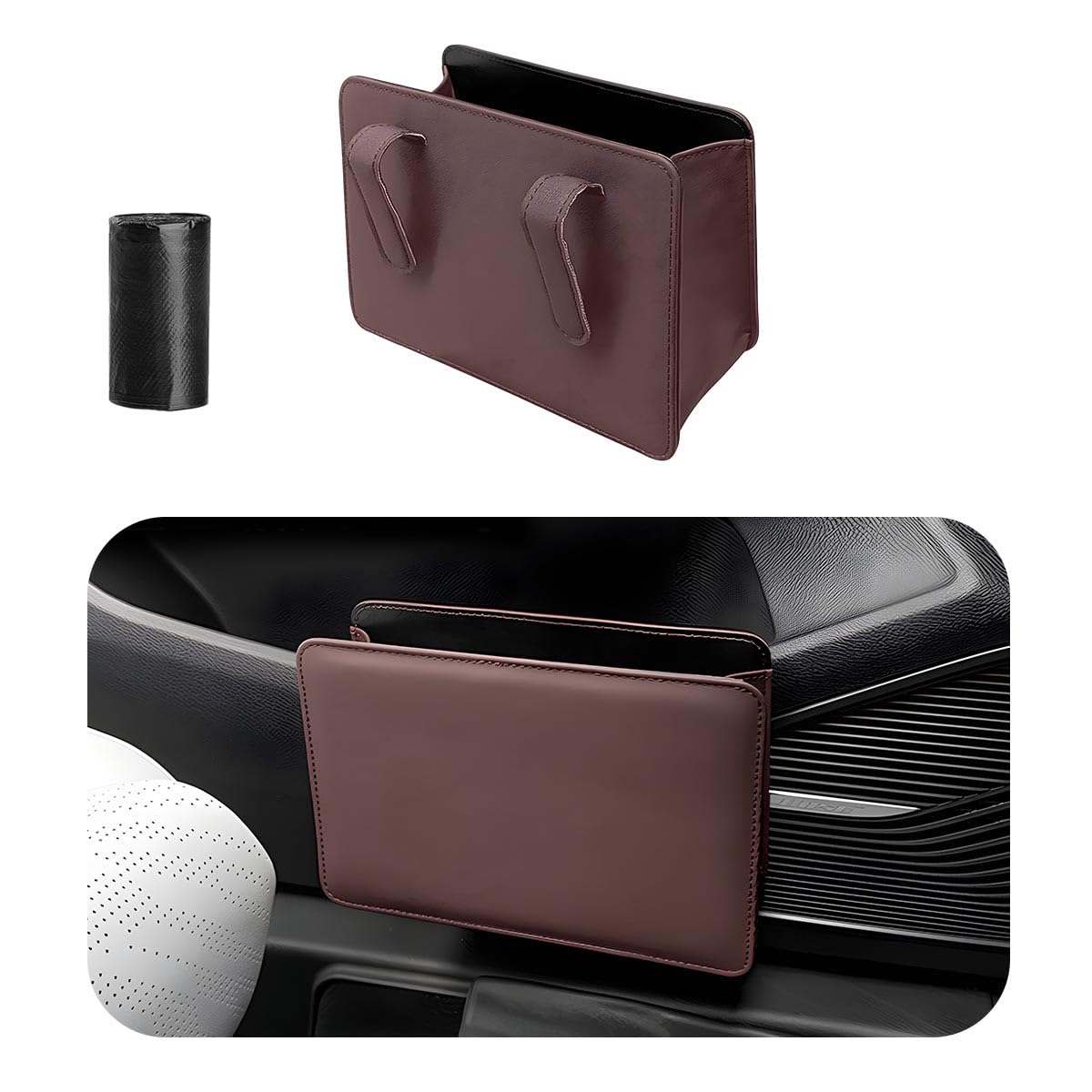 Yourkar Car Trash Can, Foldable Waterproof Leather Car Garbage Organizer Holder, Automotive Mini Dustbin Container with One Roll Trash Bag, Universal Interior Car Accessories (Dark Brown)