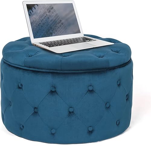 Miniatura 6 de Homebeez Otomana redonda de terciopelo para almacenamiento, reposapiés con botones copetudos, mesa de centro para sala de estar, 24.8 pulgadas de