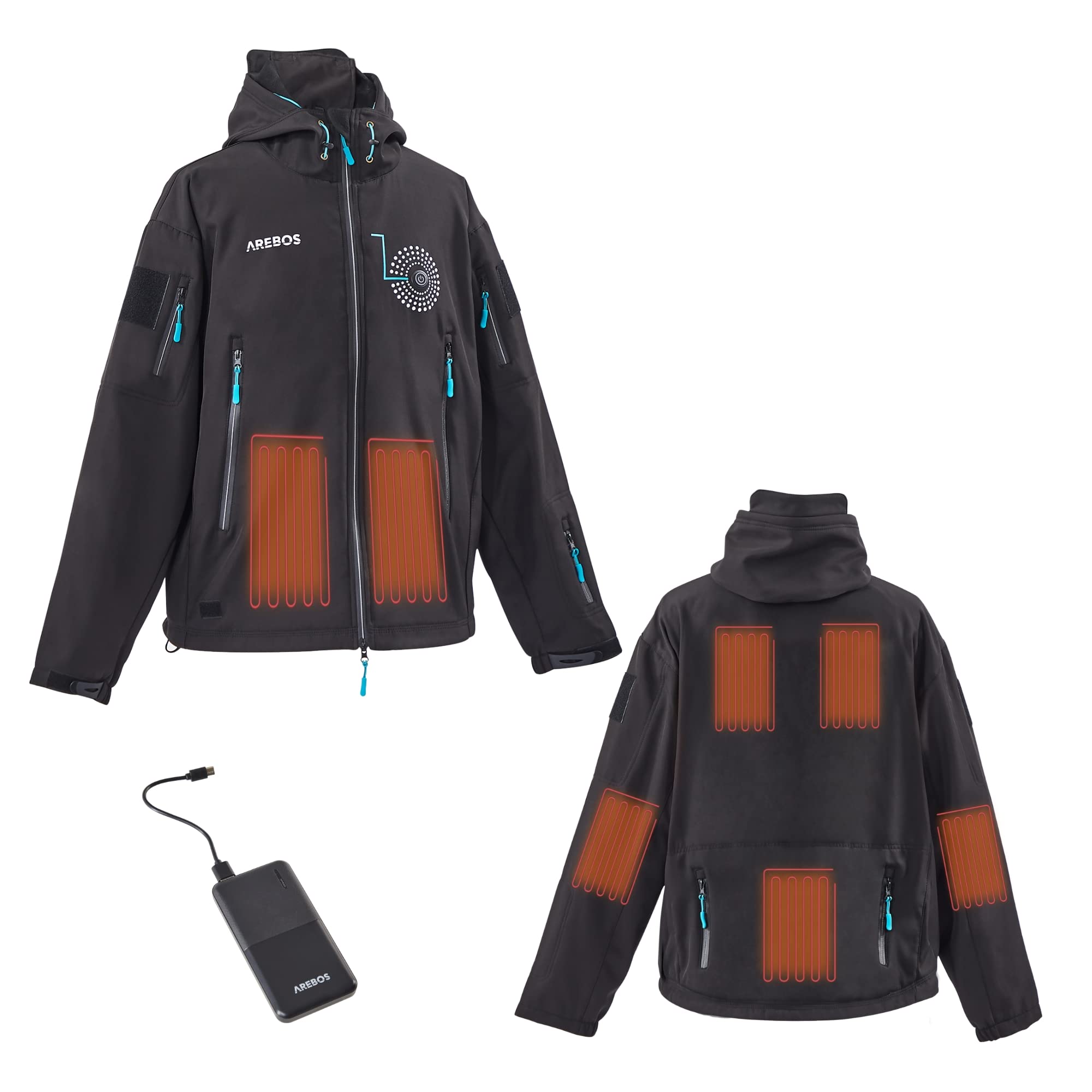AREBOS Wodoodporna kurtka zimowa | ocieplana kurtka softshell | 7 stref grzewczych w tym power bank 10000 mAh | 3 poziomy ogrzewania | wiatroszczelna | unisex | 2XL
