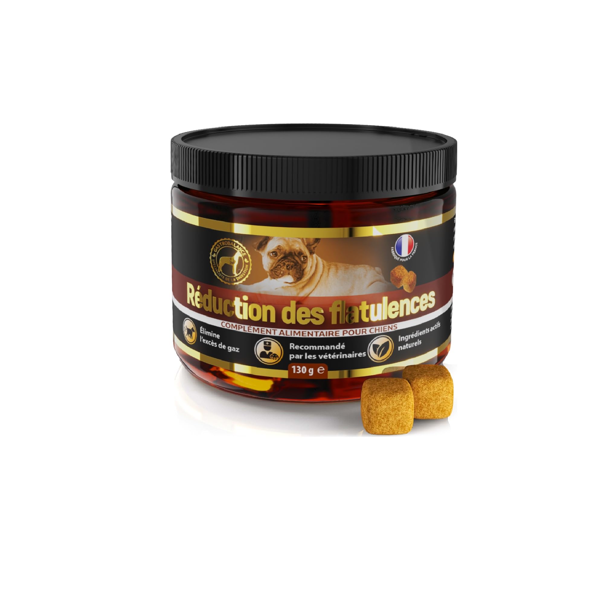 Traitement Anti Flatulence Chien - complément Alimentaire Chien flatulences - 60 croquettes Chien Anti Flatulence - Goût Poulet (Francais)