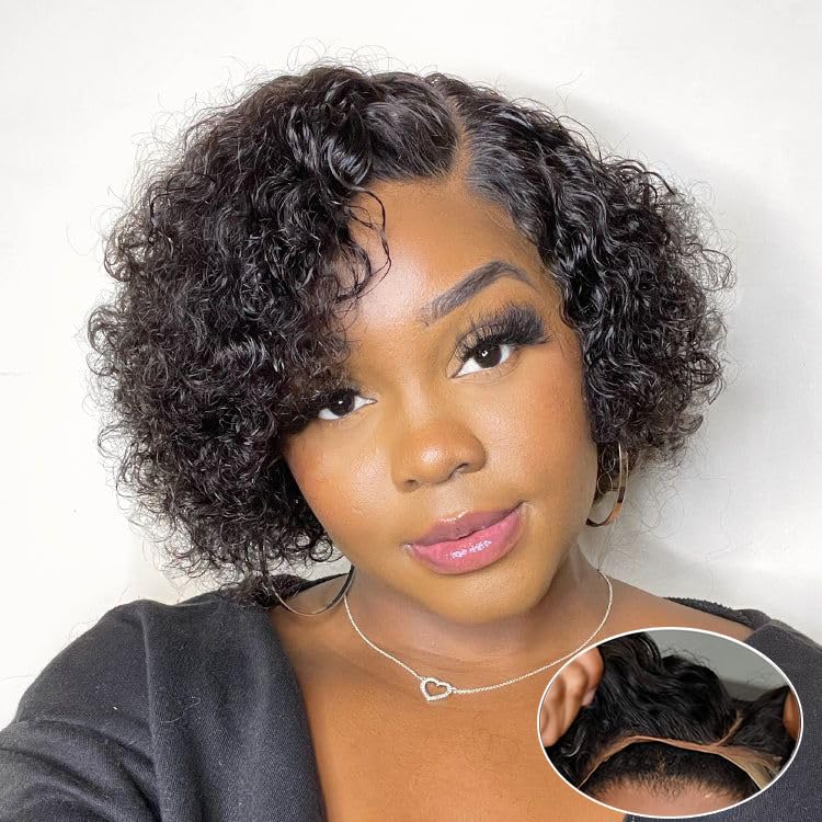 short curly human hair wigs, pixie cut wig human hair 13x4x1 lace front wig 8 inch curly bob wig human hair for black women