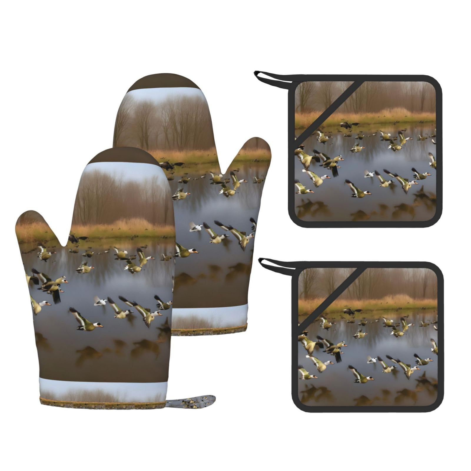Hunting Flying Wild Ducks Print Kitchen Heat Resistant Set,Cooking Kit With Hanging Loop For Baking & Bbq