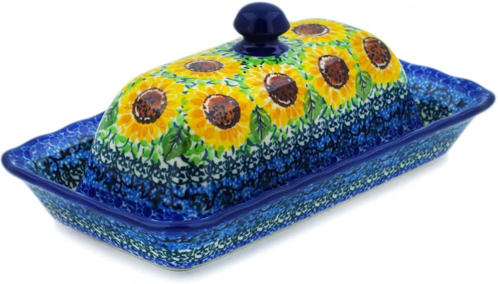 Polmedia Polish Pottery Butter Dish UNIKAT - Summer Sunnies Pattern Handmade in Boleslawiec Poland by Ceramika Artystyczna + Certificate of Authenticity