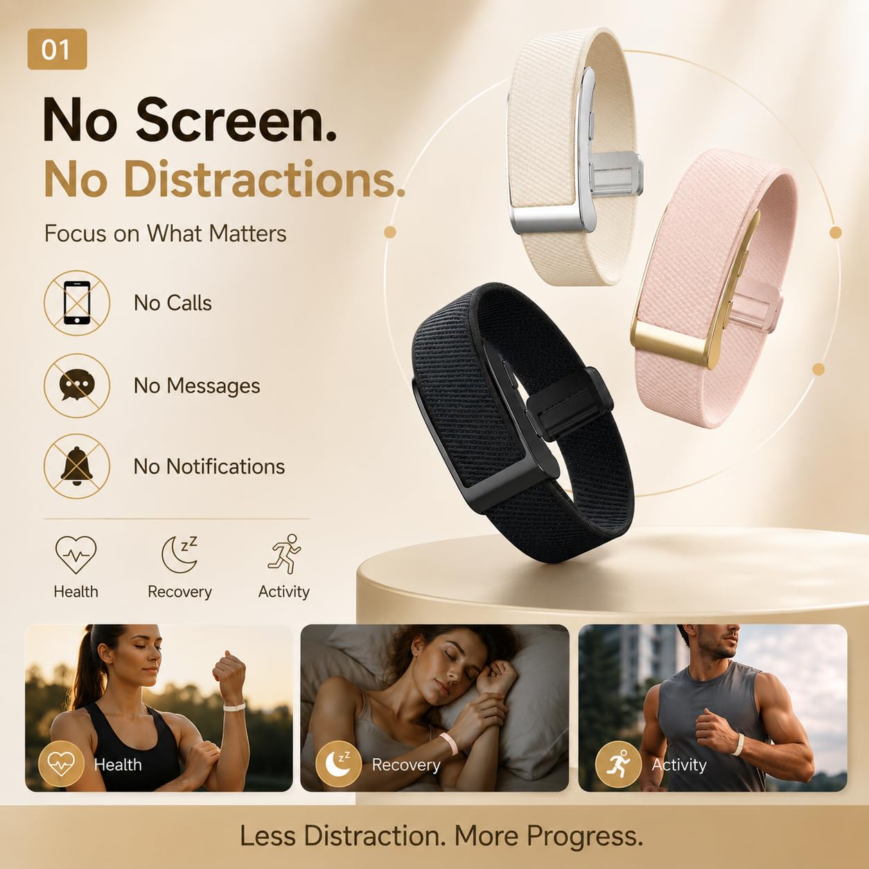 Pulsera inteligente de seguimiento de fitness, sin pantalla, contador de pasos, monitor de frecuencia cardíaca, rastreador de sueño, seguimiento de actividad con GPS, calorías y conteo de distancia