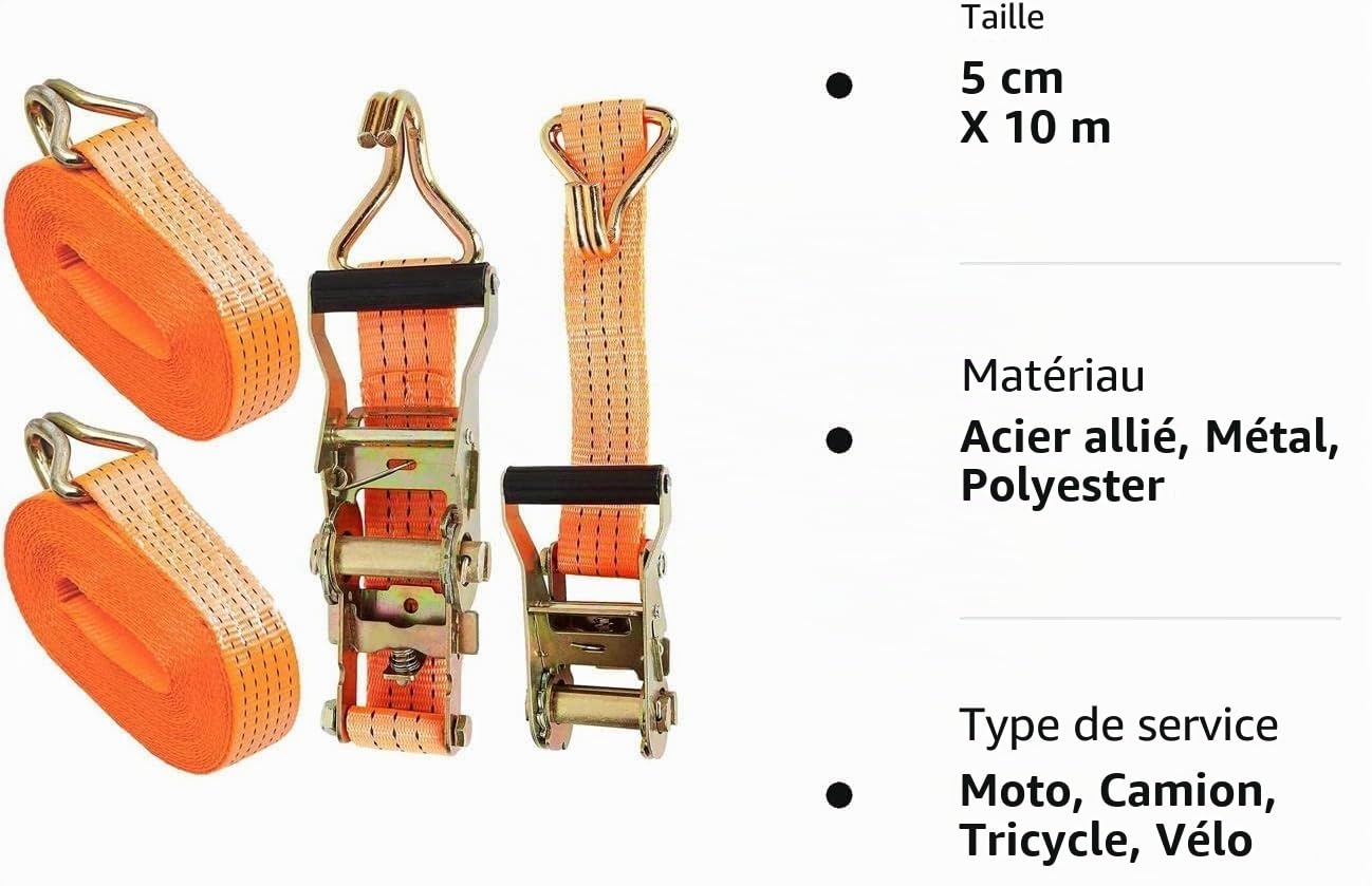 2 Pièces Sangle à Cliquet 3000kg 10m avec Sangle Cliquet et Crochets, Sangle 50 mm de Levage Sangle Crochet 3t, Sangle à Cliquet Orange pour Cargaison, Moto, Camions