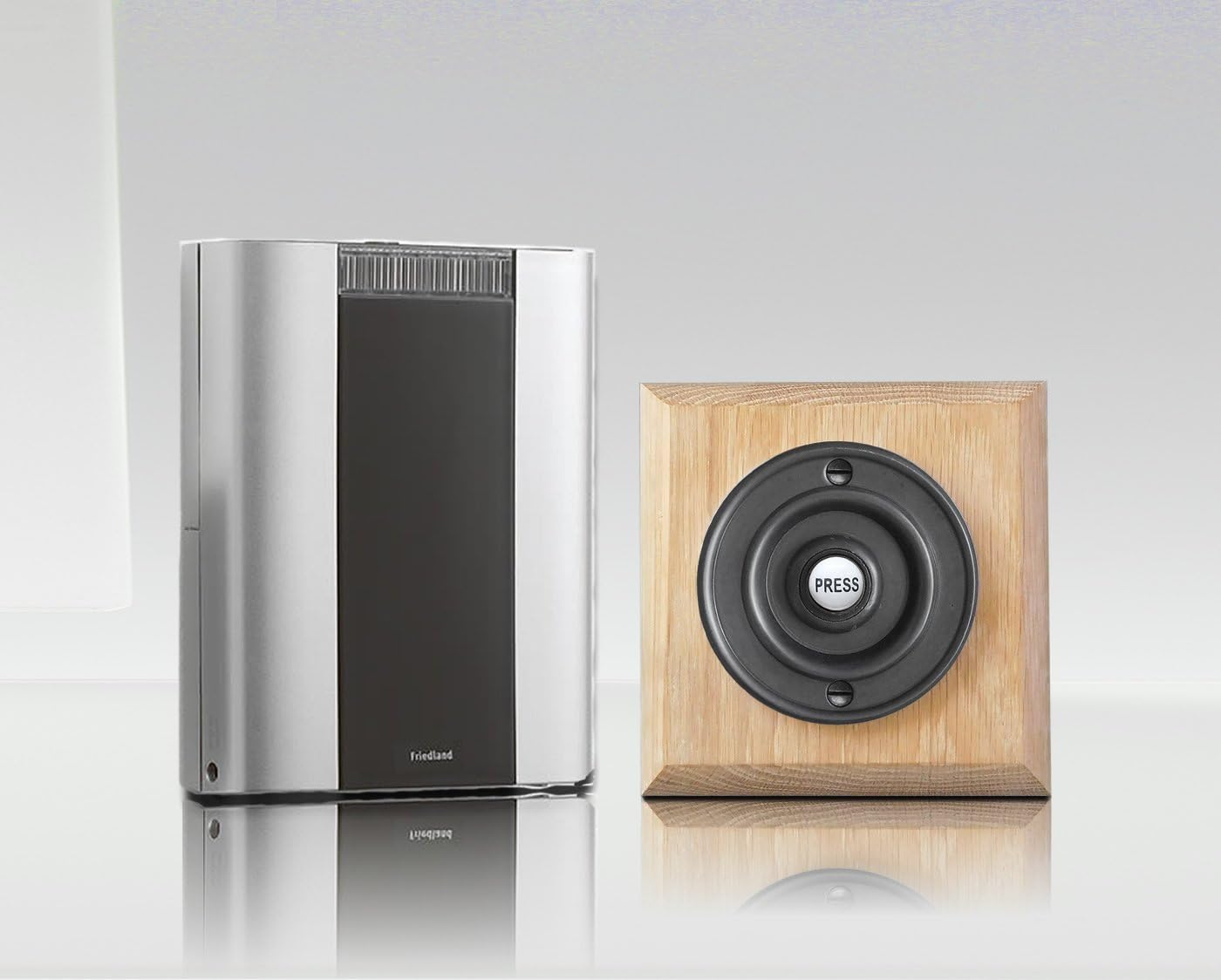 Friedland Libra+ Pro 200m Wireless Doorbell Kit with Wireless Period Style Bell Push on Honey Oak Plinth (Natural Black)