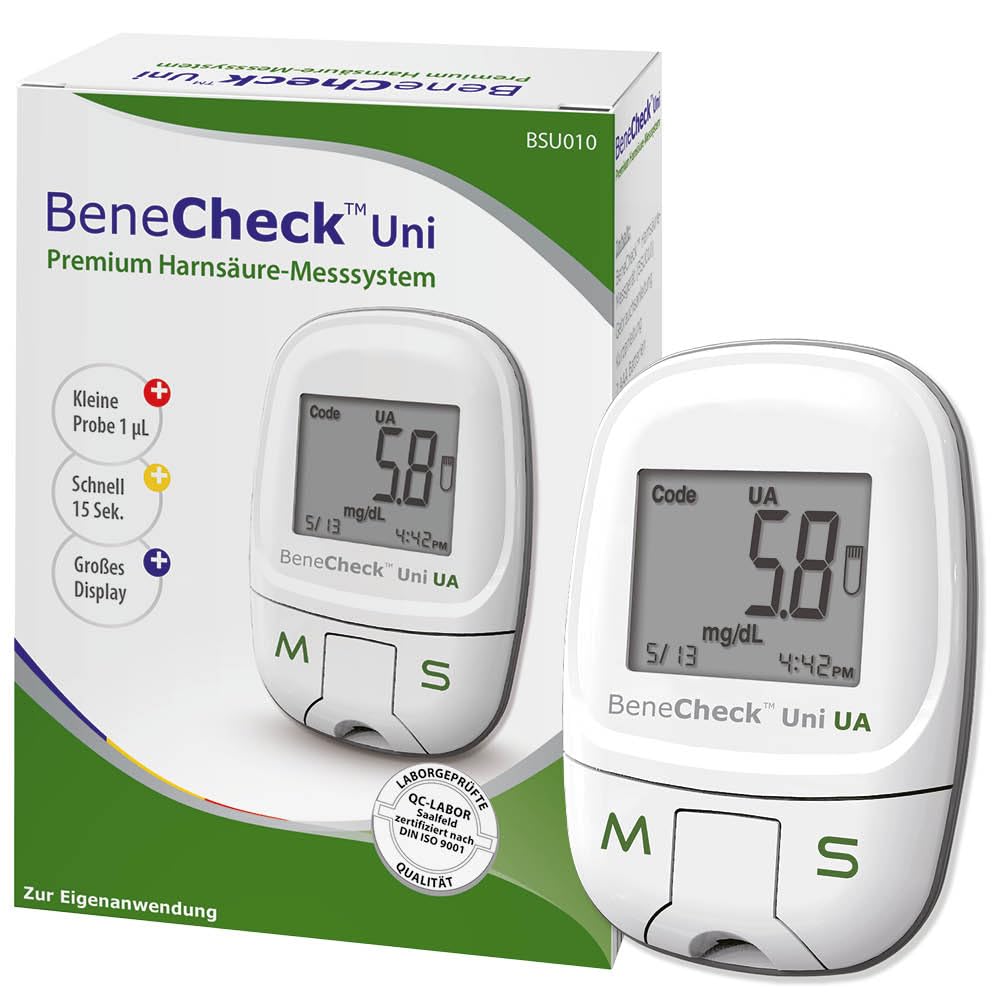 BeneCheck Premium Harnsäure-Messgerät Starterset mit 10 Teststeifen, 10 Lanzetten und Zubehör