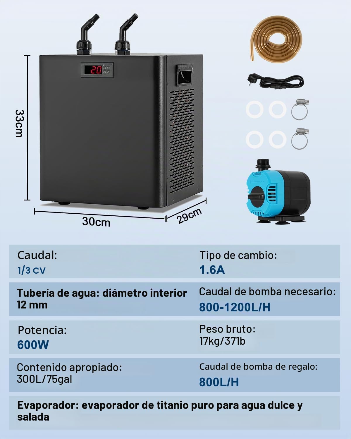 BAOSHISHAN Enfriador para acuarios Enfriador de Agua para peceras, 300 litros para acuarios de Agua Dulce/Salada
