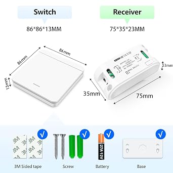 Wireless Light Switch Kit, Tedeligo With Independent base wall switch, Easy to Install, AC220V 230V 240V 2200W Receiver 330ft Long Range Reomte ON OFF for AC appliances