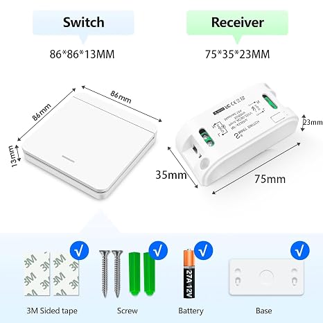 Wireless Light Switch Kit, Tedeligo With Independent base wall switch, Easy to Install, AC220V 230V 240V 2200W Receiver 330ft Long Range Reomte ON OFF for AC appliances