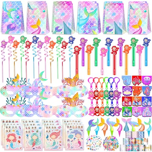 Rinfoeti 320PCS Mermaid Party Favors Birthday Decorations Supplies Kit with Goodie Bags, Bubble Wands, Straws, Masks, Stickers & More for 12 Guests