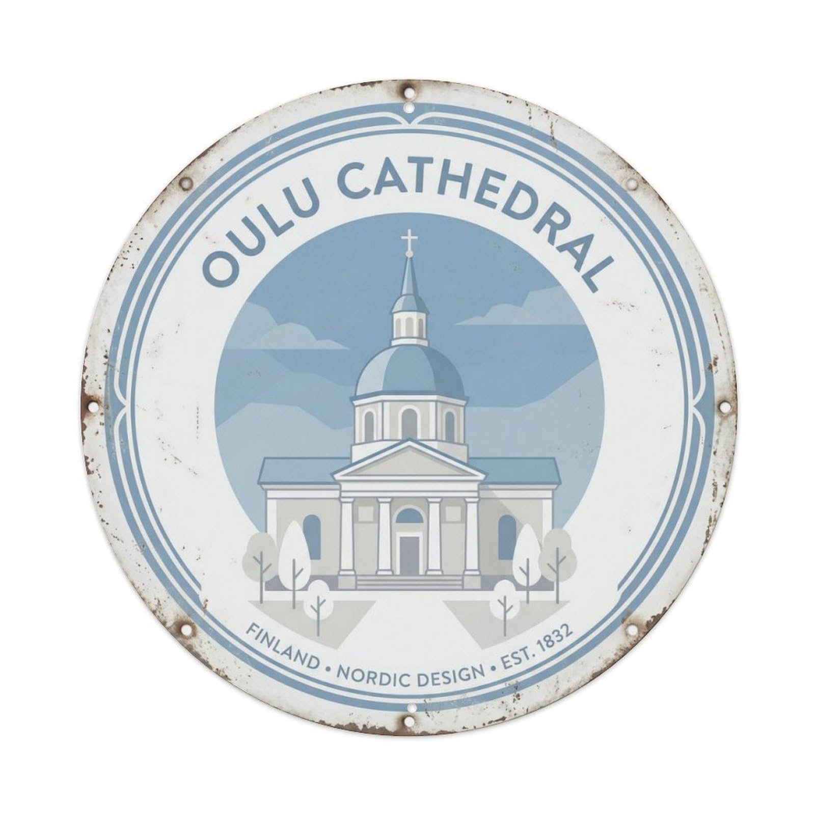 Vintage Travel Oulu Finland Cathedral Metal Tin Sign Plaque Wall Decor for Cafe, Club Bar, Office, Home Garden Round Metal Poster 8x8Inch