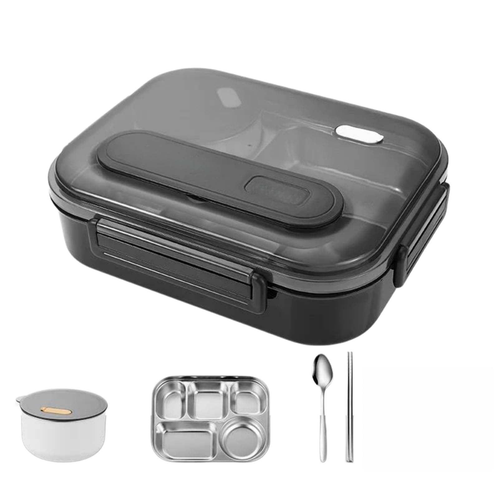 YEUCGB 2800ML Divided Lunch Box with Soup Bowl,316 Stainless Steel Container,Water Injection Heating Bento Box,5 Compartments Leakproof Meal Box with Spoon & Chopsticks for Office School,Black