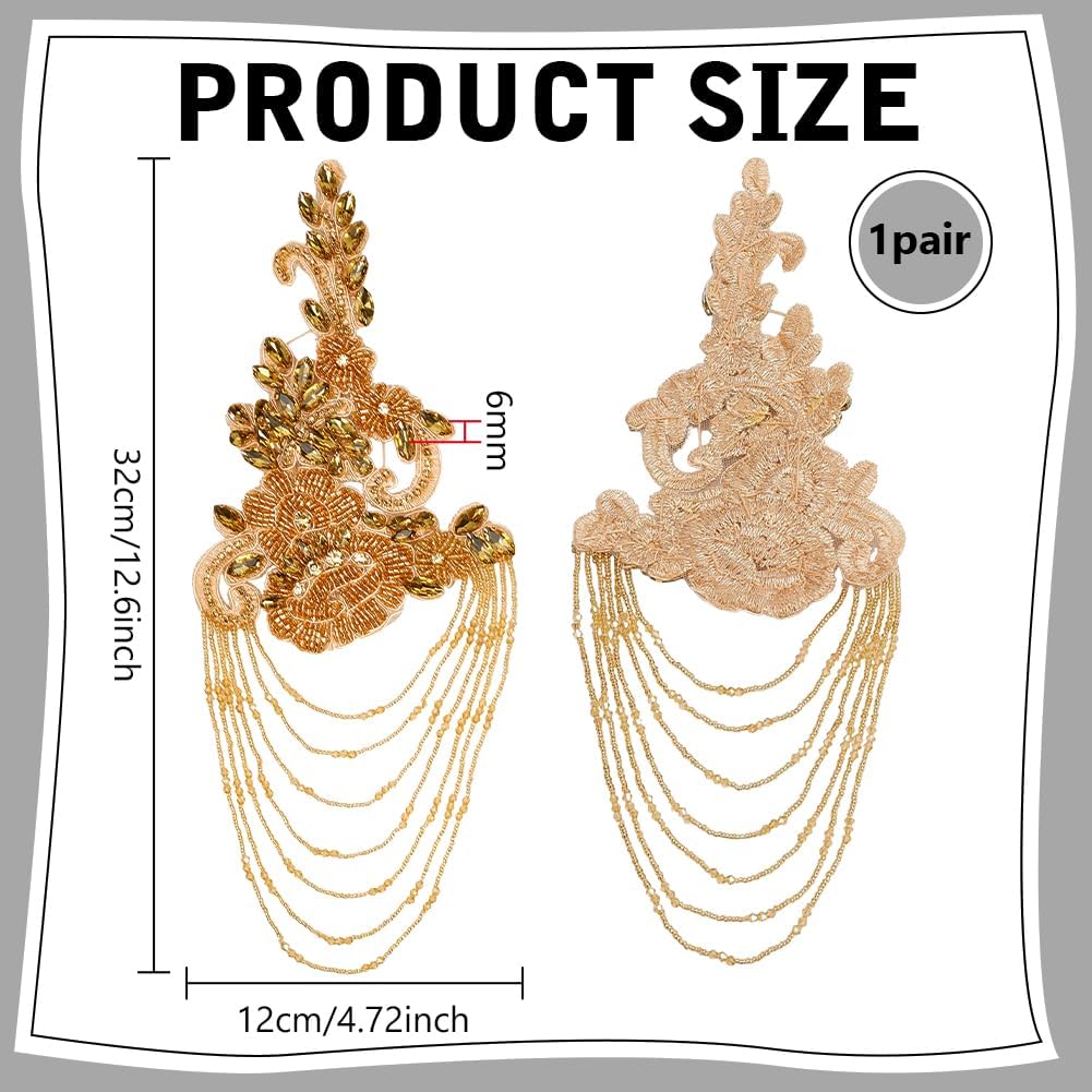 NBEADS 1 Pair Crystal Rhinestone Shoulder Appliques,12.60x4.72 Inch Beaded Flower Lace Epaulettes with Tassels Sew-On Ornaments for Wedding Dress Evening Gown DIY Decoration, Golden