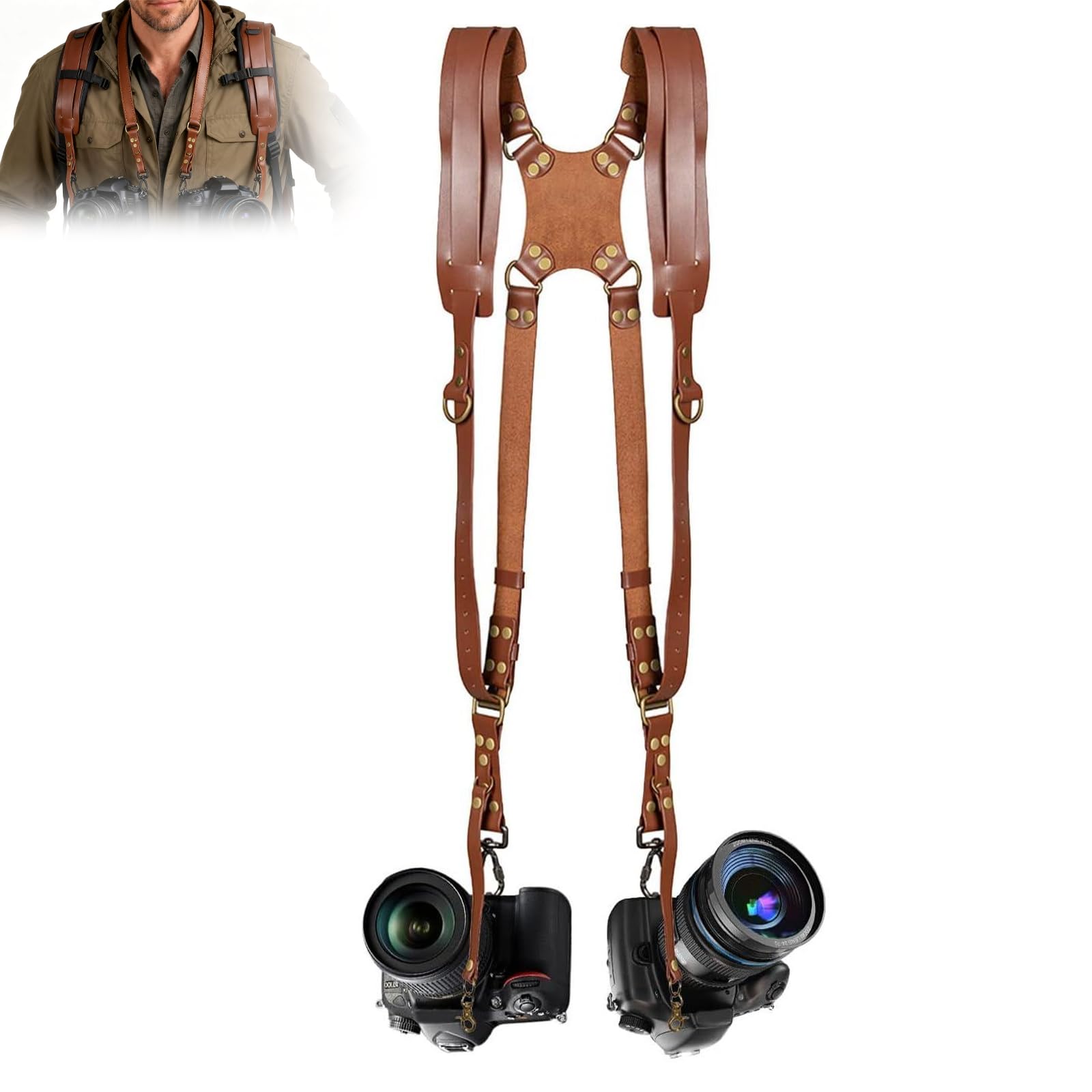 Imbracatura per fotocamera, doppia fotocamera per fotografi, tracolla in pelle per due fotocamere per DSLR/SLR