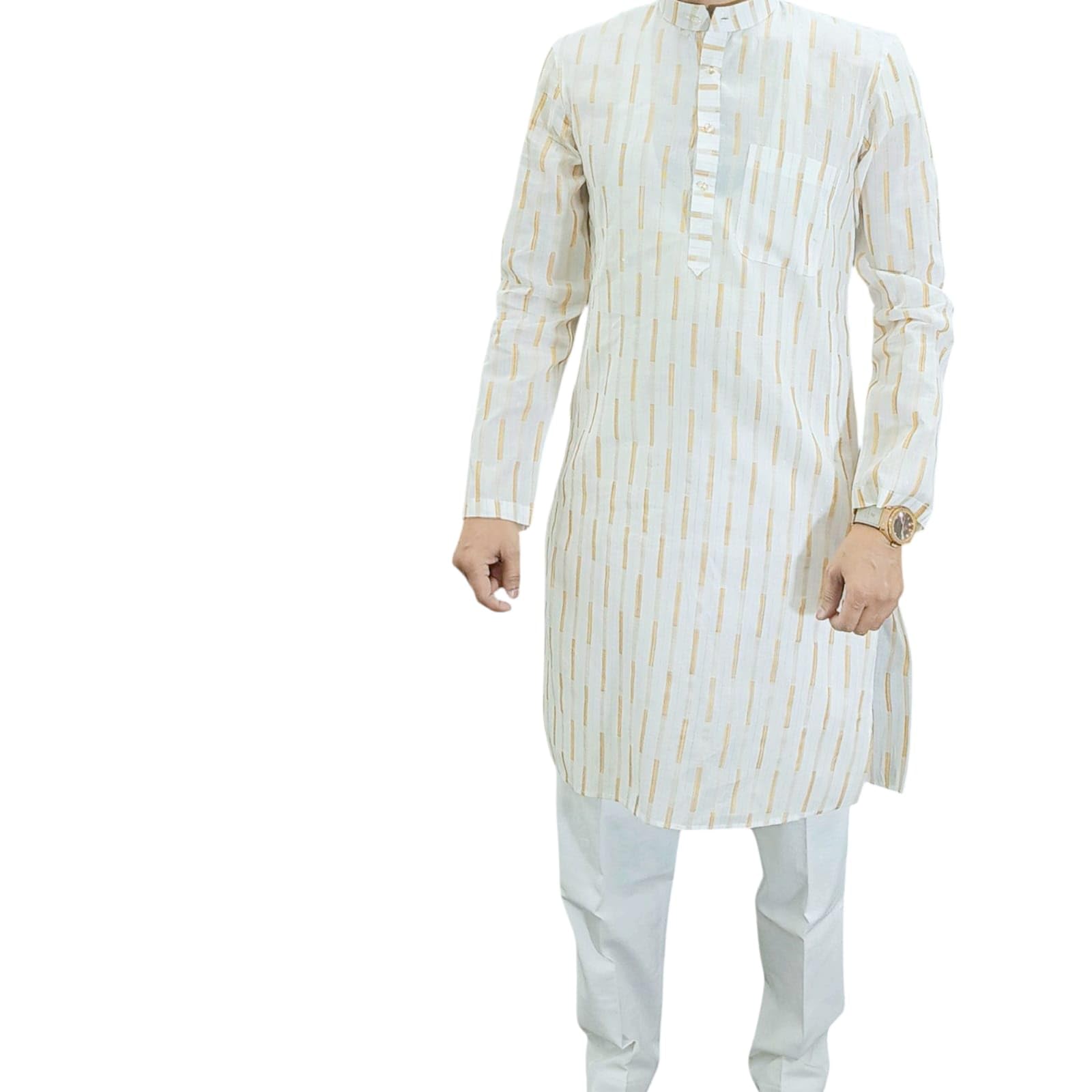 Libas Men's Cotton Kurta, Golden Booti Pattern, Traditional Style, Mandarin Collar, Full Sleeves (in, Alpha, Regular Fit, White) in white