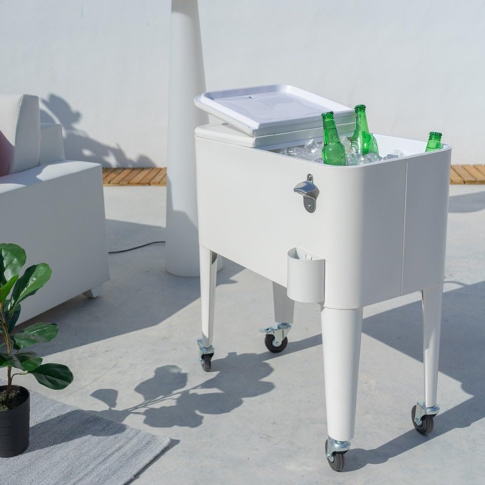 LOLAhome Nevera Carrito Vintage para Exterior, Blanco, 56 litros Capacidad | De Acero con tratamiento Epoxi para Exterior. Carrito de bebidas retro auxiliar con isotermo. Para barbacoa y celebraciones