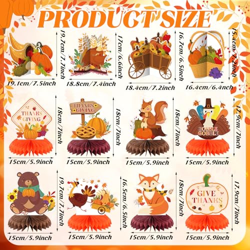 Image of 12 Pcs Thanksgiving Fall Party Honeycomb Centerpieces Decorations Autumn 3D Honeycomb Centerpieces Turkey Pumpkin Table Toppers Sign for Thanksgiving Fall Party Supplies