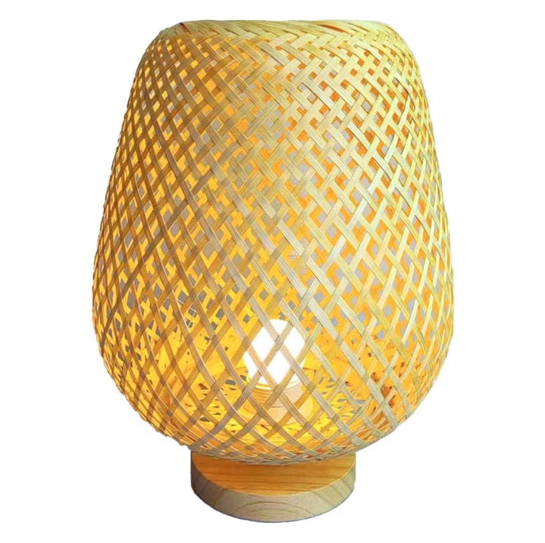 Handmade Woven Bamboo Table Lamp, Natural Rustic Style Bamboo Table Lighting Decorative Table Light Night Light Bedside Lamp for Bedroom, Living Room, 3W LED Bulb