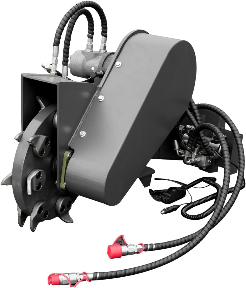 Swinging Stump Grinder for Mini Skid Steers - Hydraulic Stump Cutter w/Mounting Plate - Verify Fit: 588mm Plate Width, 360mm Ear Center, 140mm Mount Height