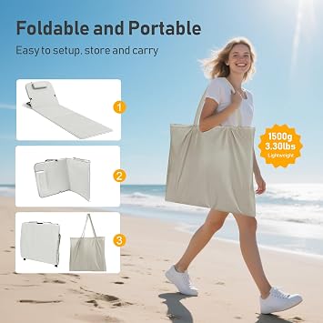 Portable Beach Sun Mat with Backrest, 5 Adjustable Positions, Foldable Lightweight Anti-Slip Sunbathing Chair for Beach, Camping, Garden, Park, Holidays & Outdoor Festivals (gray)