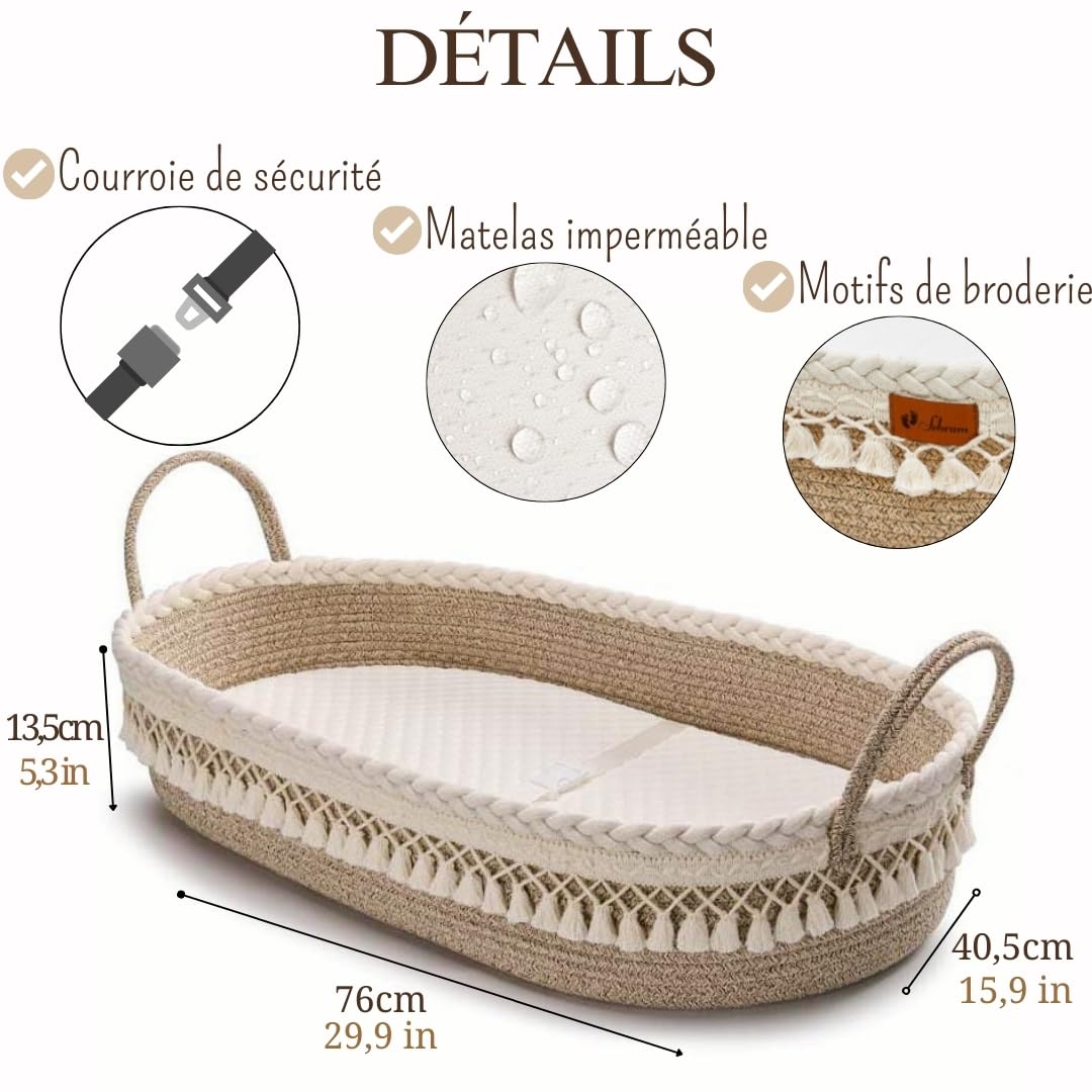 SEBRAM Panier à Langer Bébé – Matelas à Langer Portable et Imperméable, Panier de Change Tissé, Style Bohème Chic pour Table à Langer et Commode (Beige)