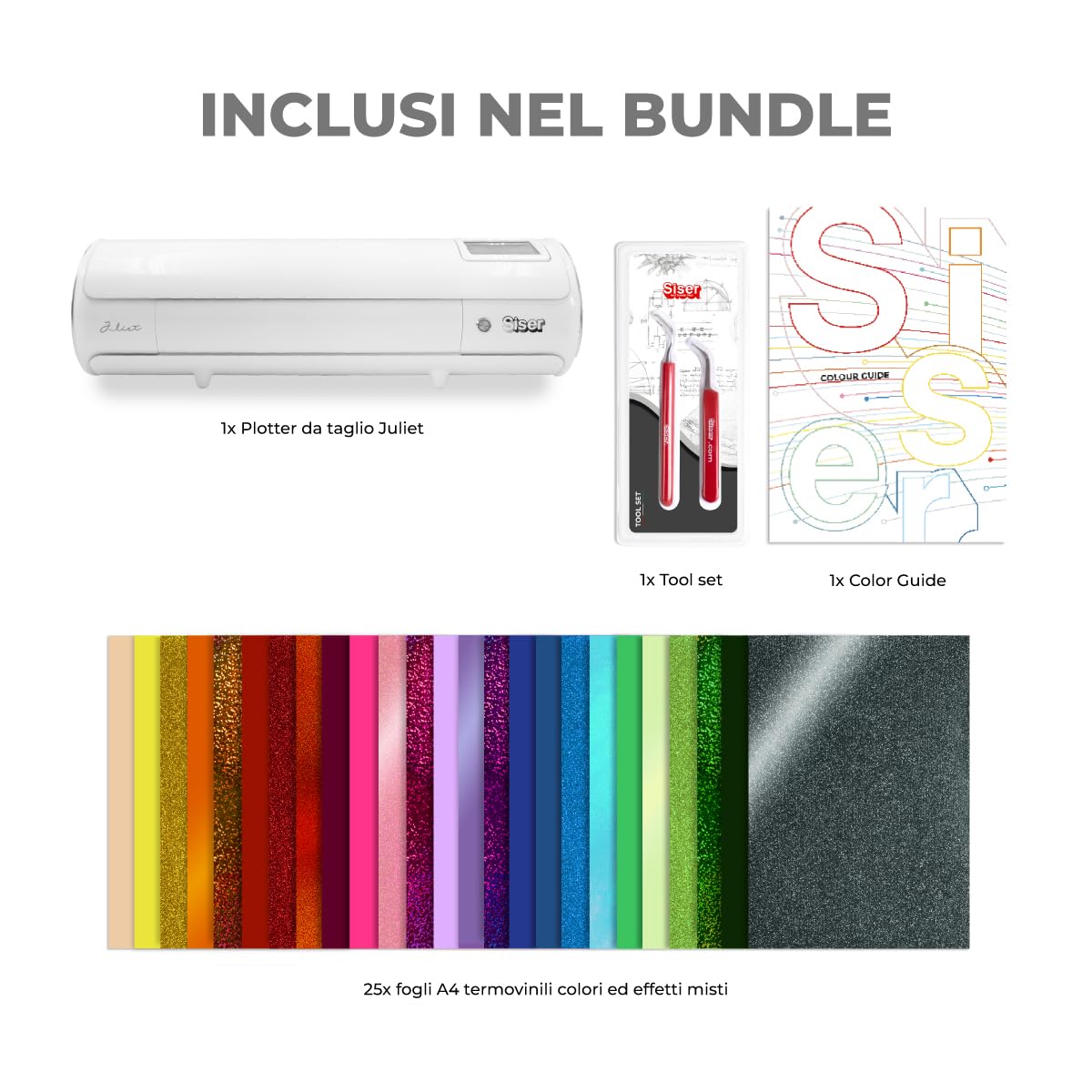 Siser Juliet® Regenbogen Paket – Professioneller Schneideplotter + 25 A4 Bogen Thermovinyl, Entgitterhaken, Pinzette und Farbkarten - Ideal geeignet für kreative Projekte auf Textilien und Karton