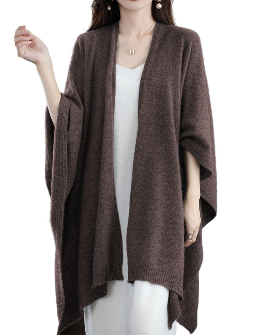Women's Shawl Wrap Plus Size Cardigan 100% Merino Wool Poncho Cape Fall Winter Open Sweater Coat, Mocha Brown, One size