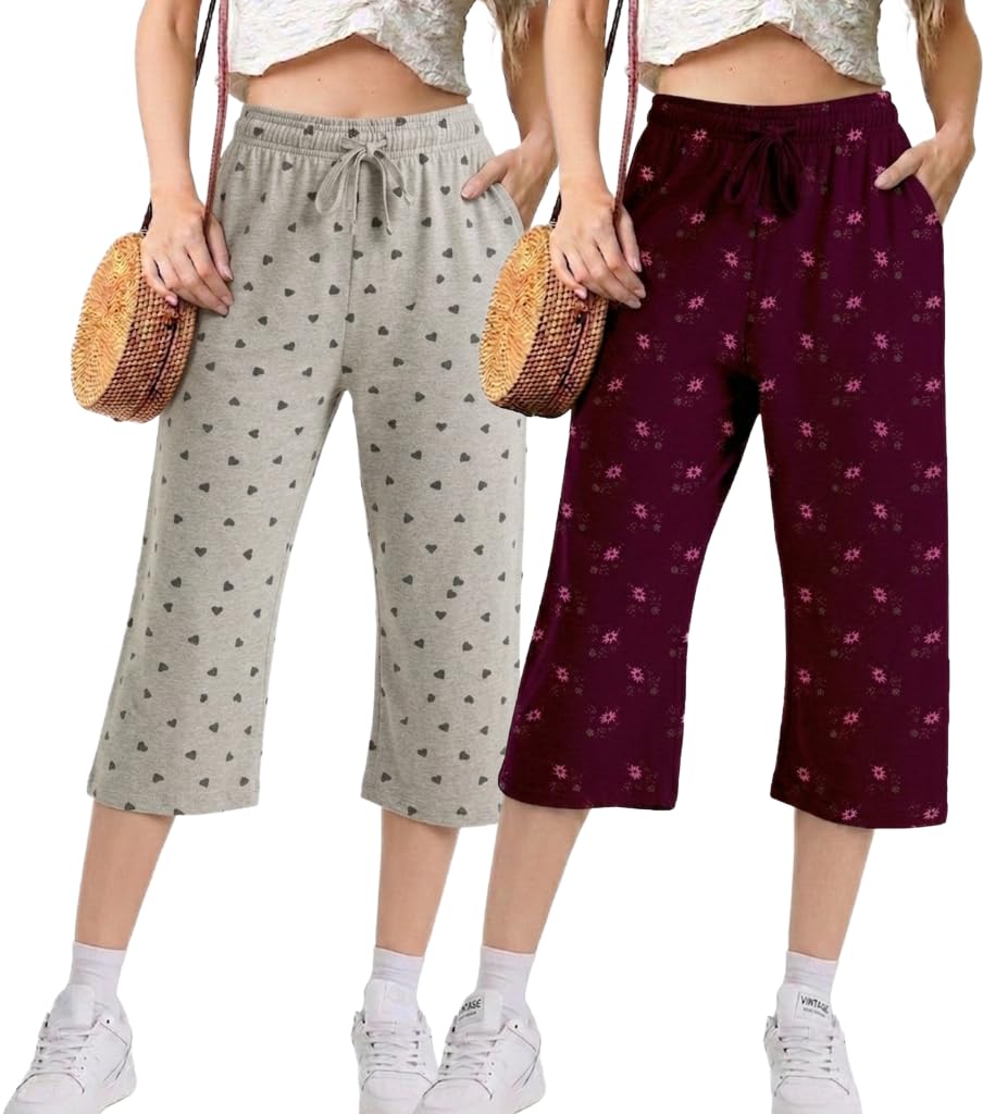 Women Printed Capri Pants Cotton Stretchable | Ladies Capri Leggings 3/4 Length Slim Fit | Printed Casual Lounge Wear Capris for Women | Summer Breathable Mid Rise Capri Pants-Pack of 2-image-5