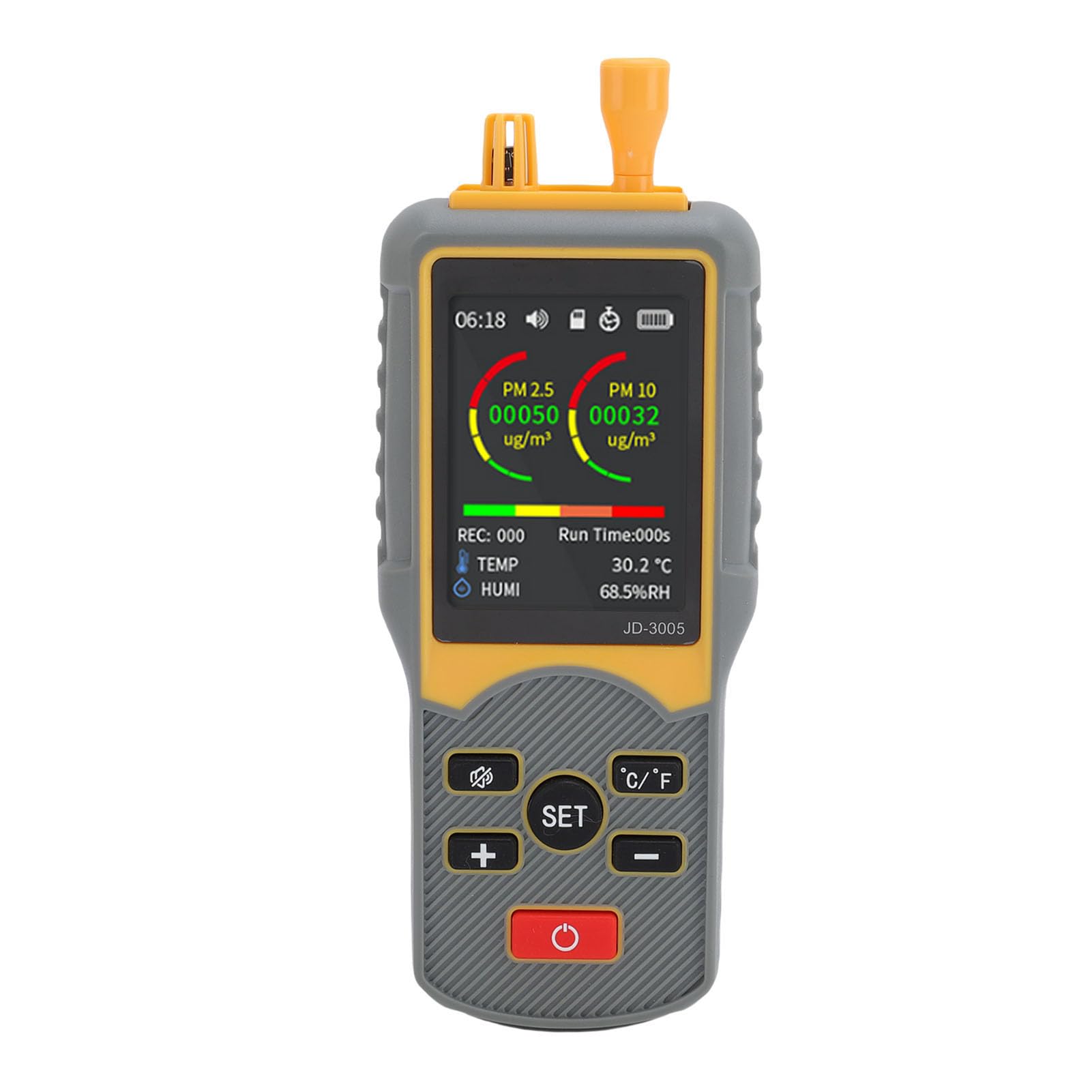 Cocoarm Staubpartikelzähler, Tragbarer ABS-Partikelzähler mit 5-Kanal-Erkennung, 0,3 µm, 2,5 µm, 10, PM2, PM10, Farbbildschirm, Datenspeicherung für Lufttests in der Fabrik, Im Büro, in der Schule