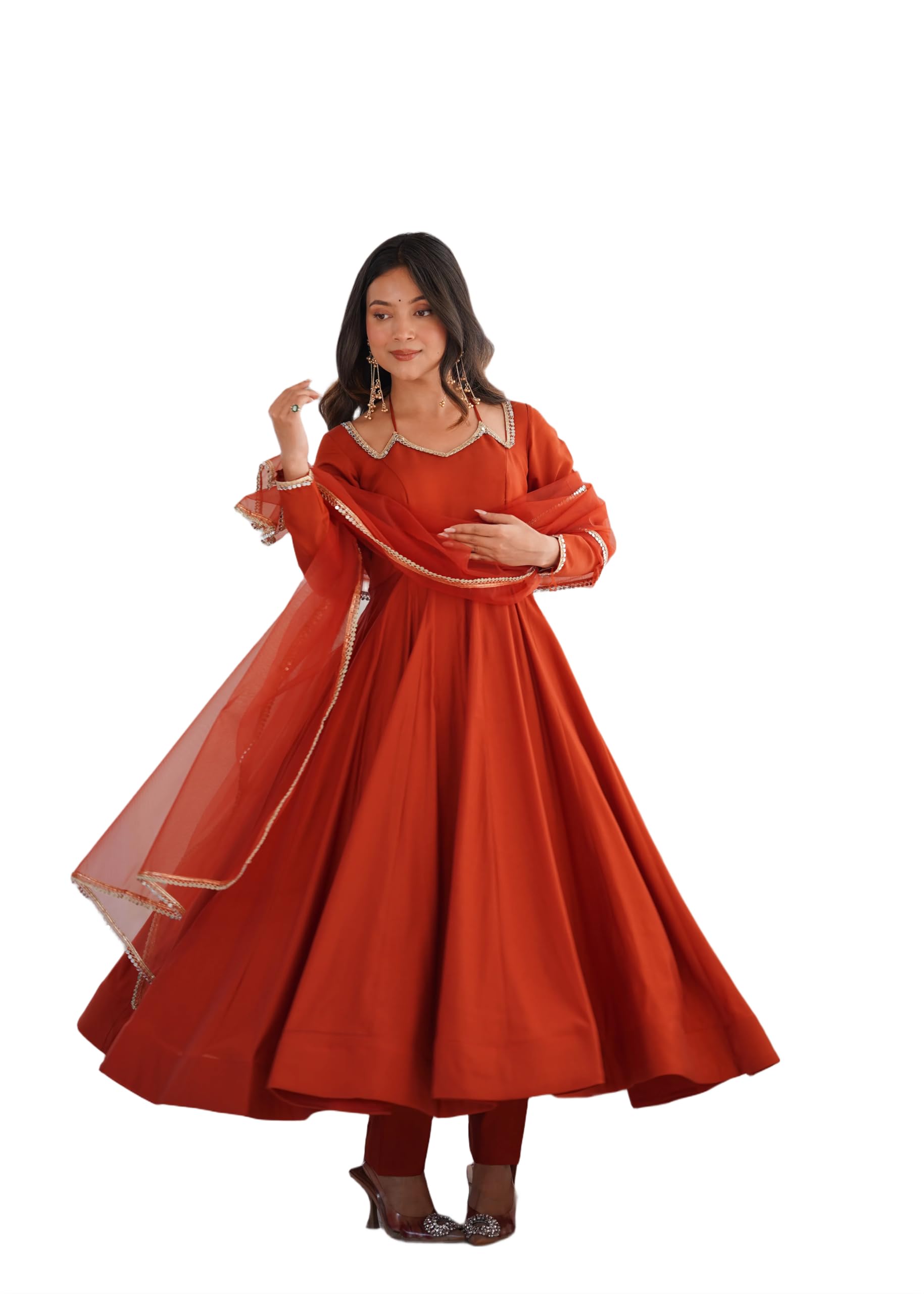 Womens Premium Roman Silk Chanderi Anarkali Kurta Set with Mirror Lace Dupatta and Stitched Pant Traditional Ethnic Wear-image-30